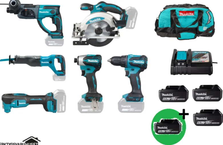Makita DLX6141G Combokit 6 st maskiner i väska +1st extra 5,0Ah-batteri-på-köpet! Värde 995:-